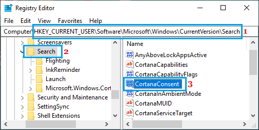 在 Windows 注册表中打开 CortanaConsent 条目