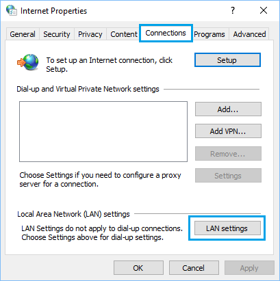 Windows 中的 LAN 设置选项