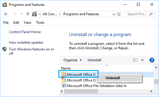 使用控制面板卸载 Microsoft Office