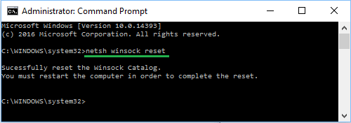运行 netsh winsock reset 命令