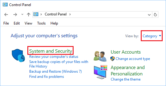 Windows 控制面板屏幕上的系统和安全选项