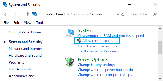 在 Windows 控制面板屏幕上允许远程访问选项