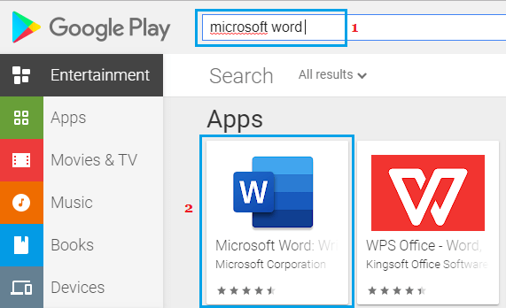 在 Google Play 商店中搜索 Microsoft Word