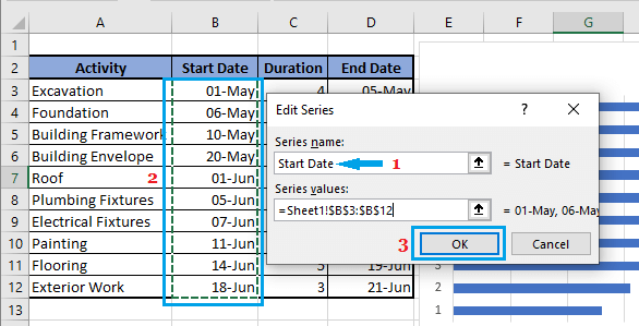 在 Excel 中输入甘特图的开始日期