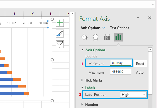 在 Excel 中为堆积条形图设置最小值和标签位置